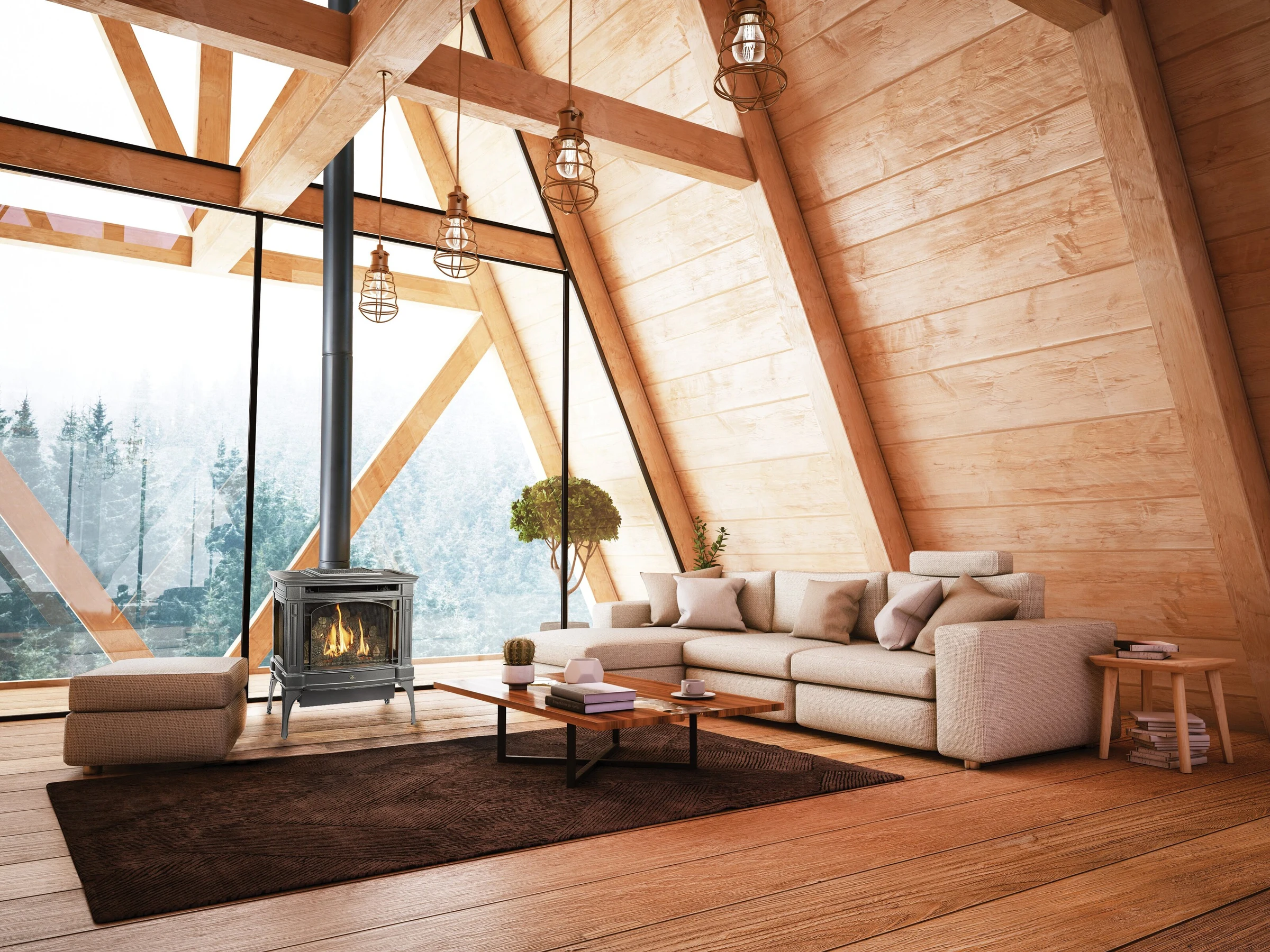 A Lopi Berkshire Bay Window gas stove in a modern open-concept living room with vaulted wood ceilings and large windows.