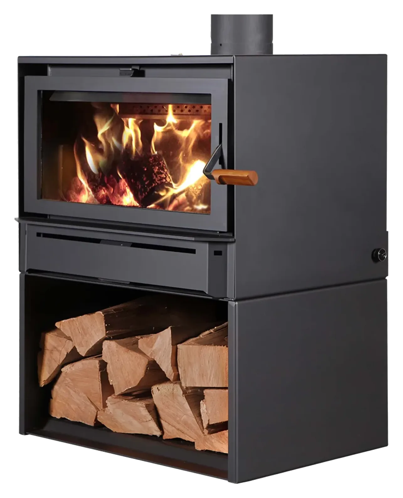 Blaze King Boxer 24 wood stove side view with firewood stored in the pedestal base