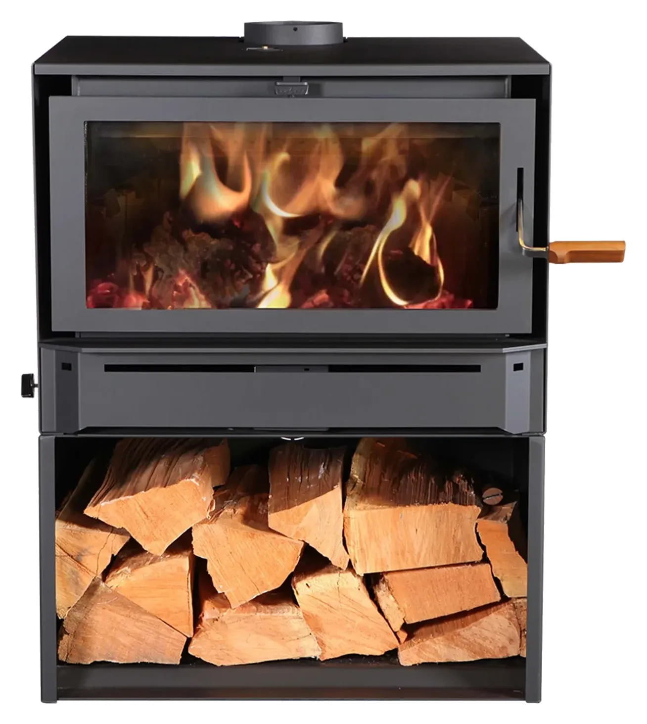 Blaze King Boxer 24 wood stove with pedestal wood storage serving Spokane and Coeur d'Alene