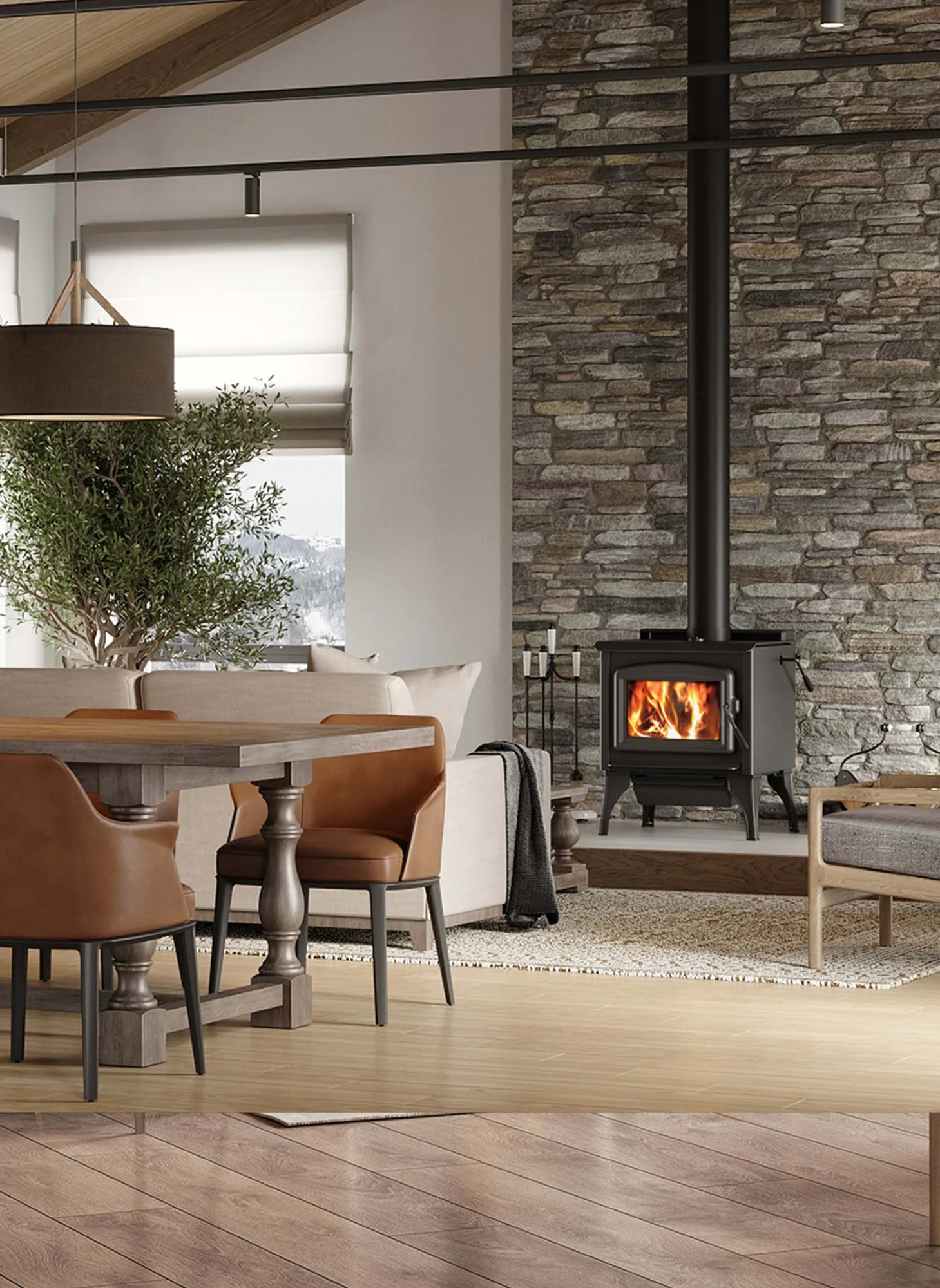 Blaze King Sirocco 20.2 wood stove with legs against a stone wall in a dining room