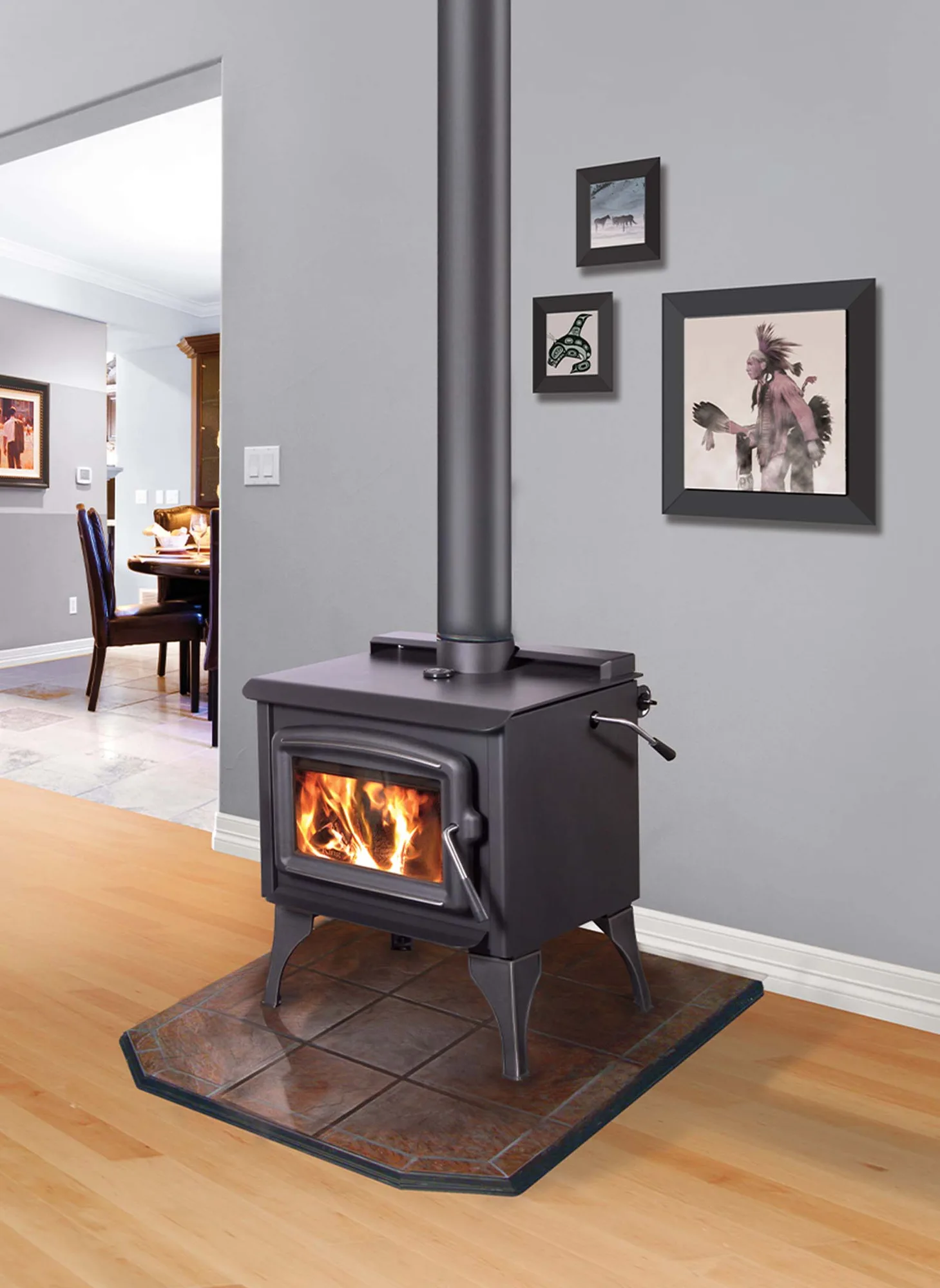Blaze King Sirocco 20.2 wood stove with legs on a tile hearth pad