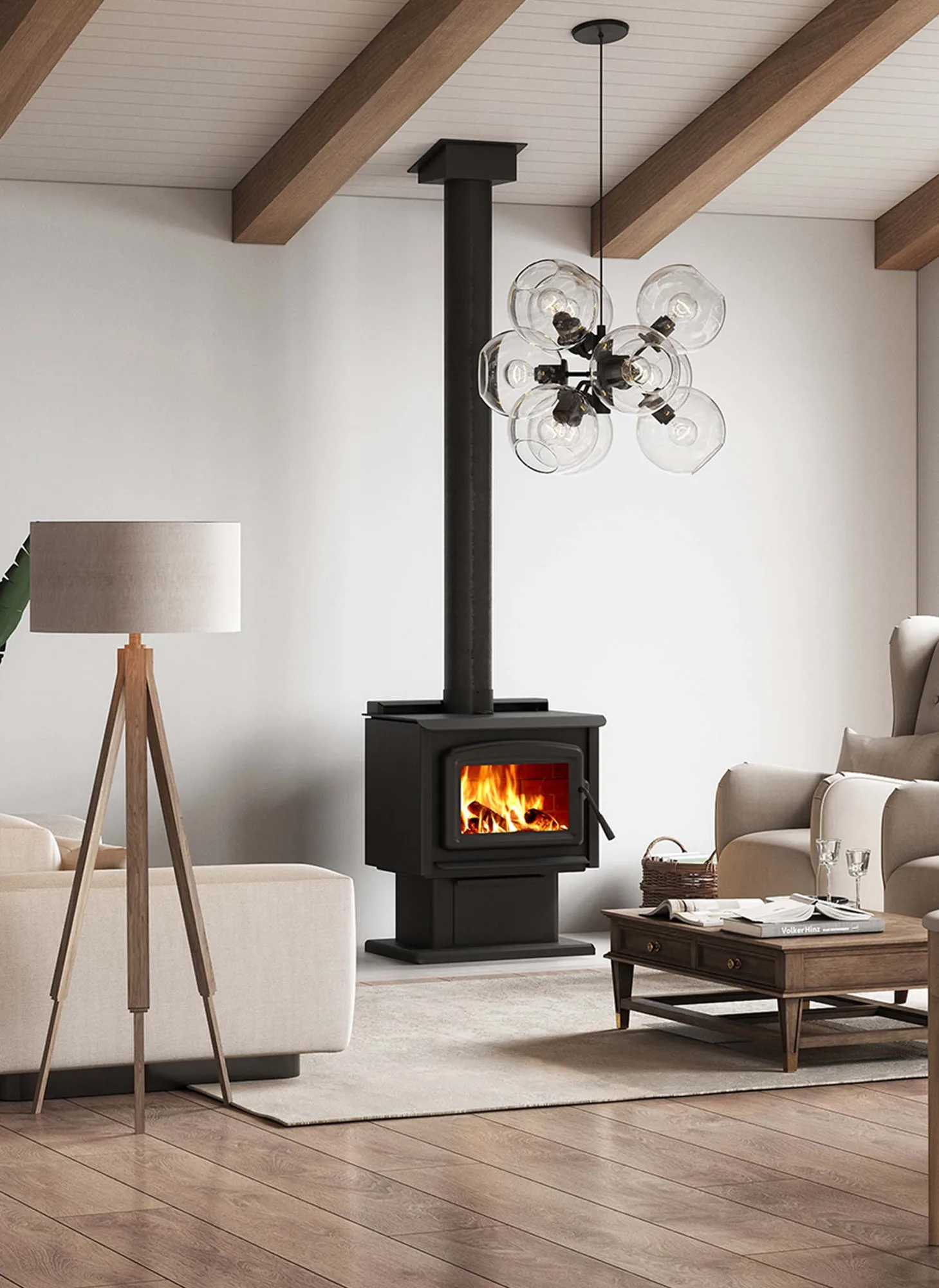 Blaze King Sirocco 20.2 wood stove with pedestal in a bright living room