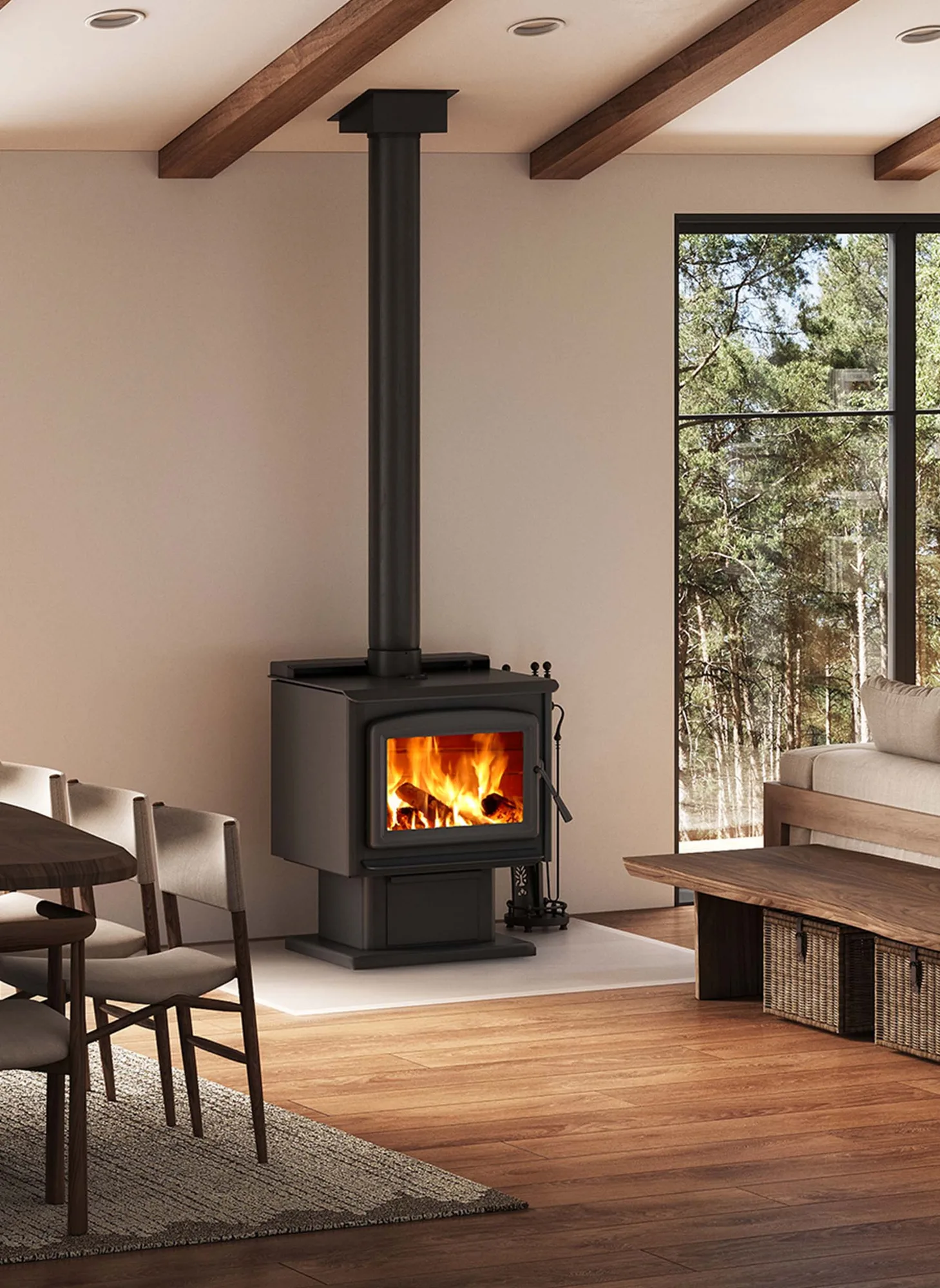 Blaze King Sirocco 30.2 wood stove with pedestal in a dining room