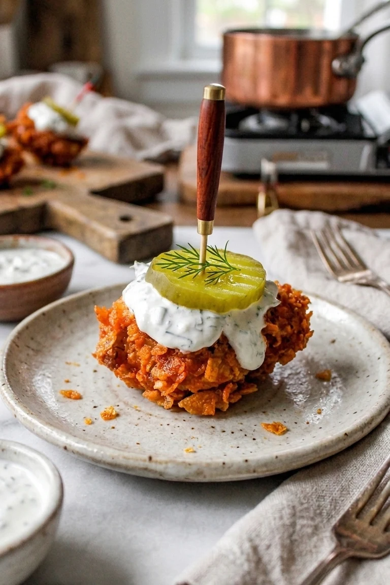 A crispy pickle-brined chicken bite topped with creamy blue cheese sauce and a pickle chip, skewered with a decorative pick and served on a speckled ceramic plate.