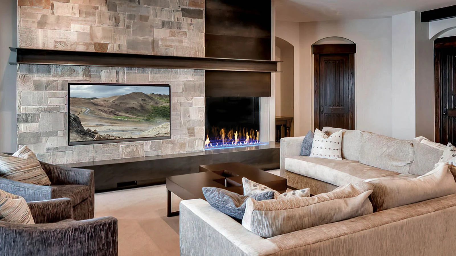 Da Vinci electric fireplace in a concrete surround in a contemporary living room.