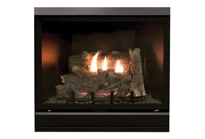 Empire Rushmore 50 clean-face gas fireplace burning with a tall dual-burner flame behind ceramic glass.