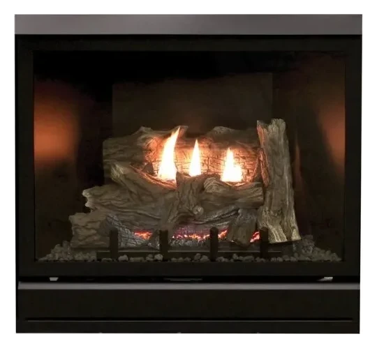 Empire Rushmore 50 clean-face direct-vent gas fireplace with a Forest Timber log set and glowing ember bed.
