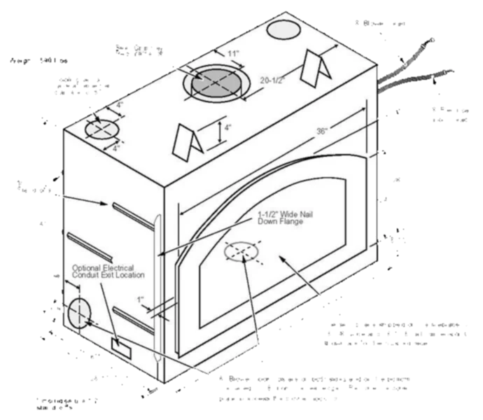 Dimensional diagram for the Fireplace Xtrordinair 36 Elite NexGen-Hybrid wood fireplace insert.