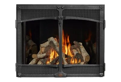 Close view of the 4237 Ember-Glo TV Clean Face Deluxe gas fireplace with tall flames over a birch log set.