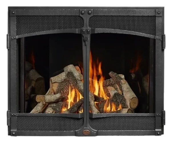 Fireplace Xtrordinair 4237 Ember-Glo TV Clean Face Deluxe gas fireplace with hand-hammered double doors and a burning birch log set.