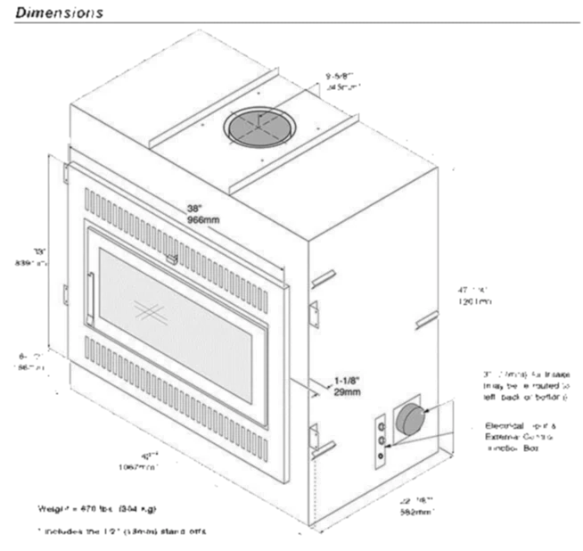 Dimensional diagram for the Fireplace Xtrordinair 42 Apex NexGen-Hybrid wood fireplace insert.