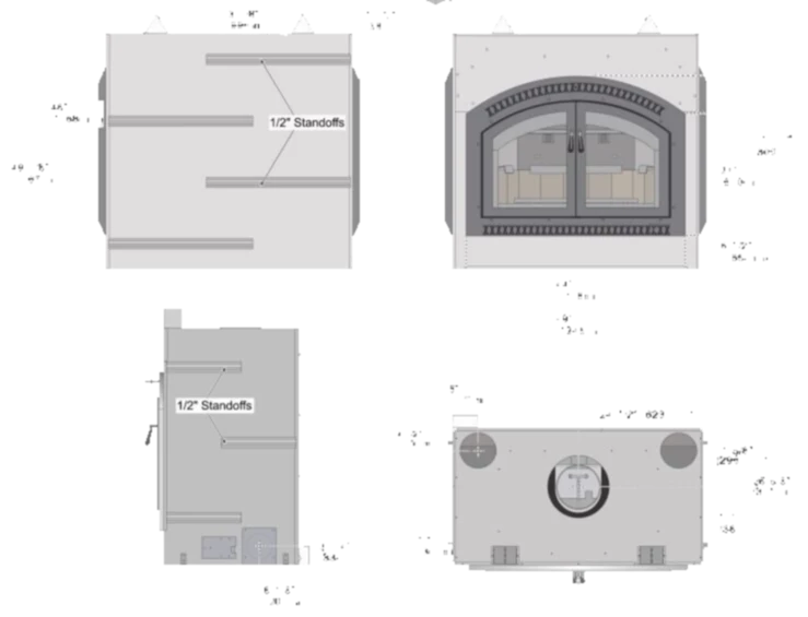 Dimensional diagrams for the Fireplace Xtrordinair 44 Elite NexGen-Hybrid wood fireplace insert showing front, side, back, and top views.