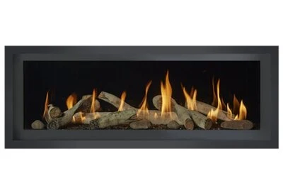 Fireplace Xtrordinair 4415 HO Deluxe linear gas fireplace with driftwood logs and flames.