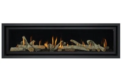 Fireplace Xtrordinair 6015 HO Deluxe linear gas fireplace with driftwood logs and flames.