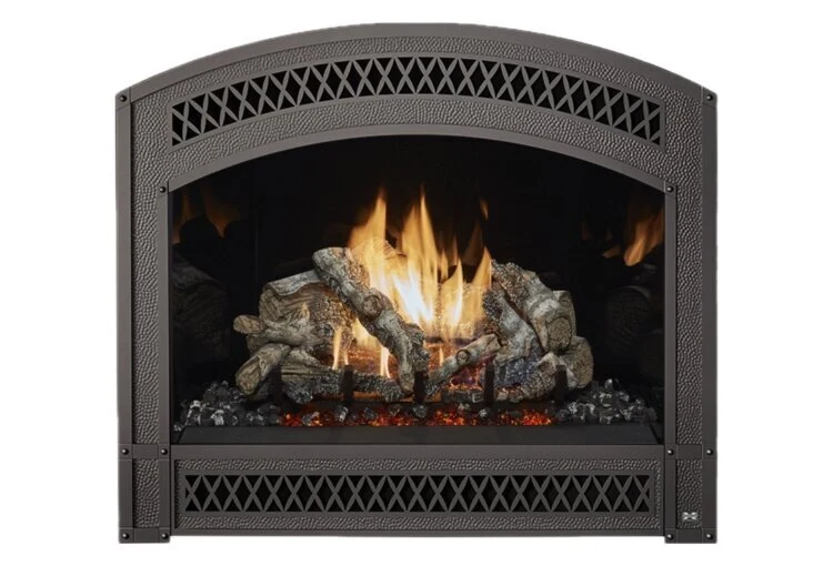 Fireplace Xtrordinair 864 TV 40K gas fireplace with an arched hammered-iron face and burning log set.