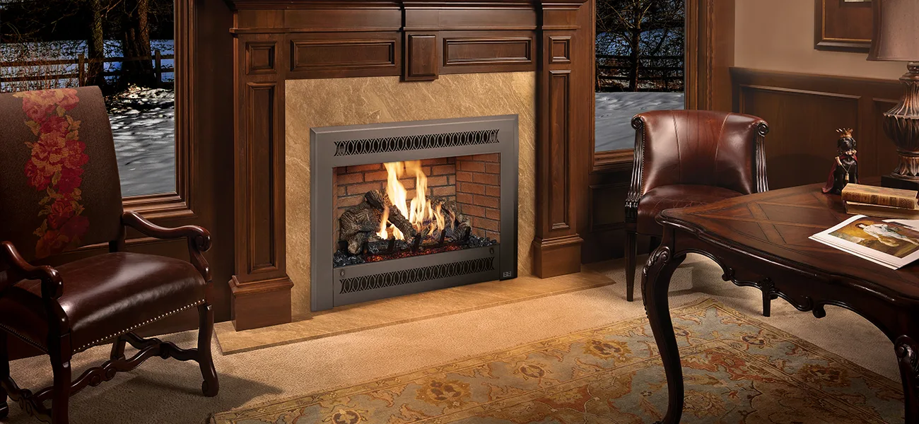 Fireplace Xtrordinair 864 TV 40K Deluxe gas fireplace with a Metropolitan face and burning log set in a wood-paneled living room.