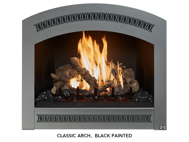 Fireplace Xtrordinair 864 TV 40K Deluxe gas fireplace with a black painted Classic Arch face and burning oak log set.