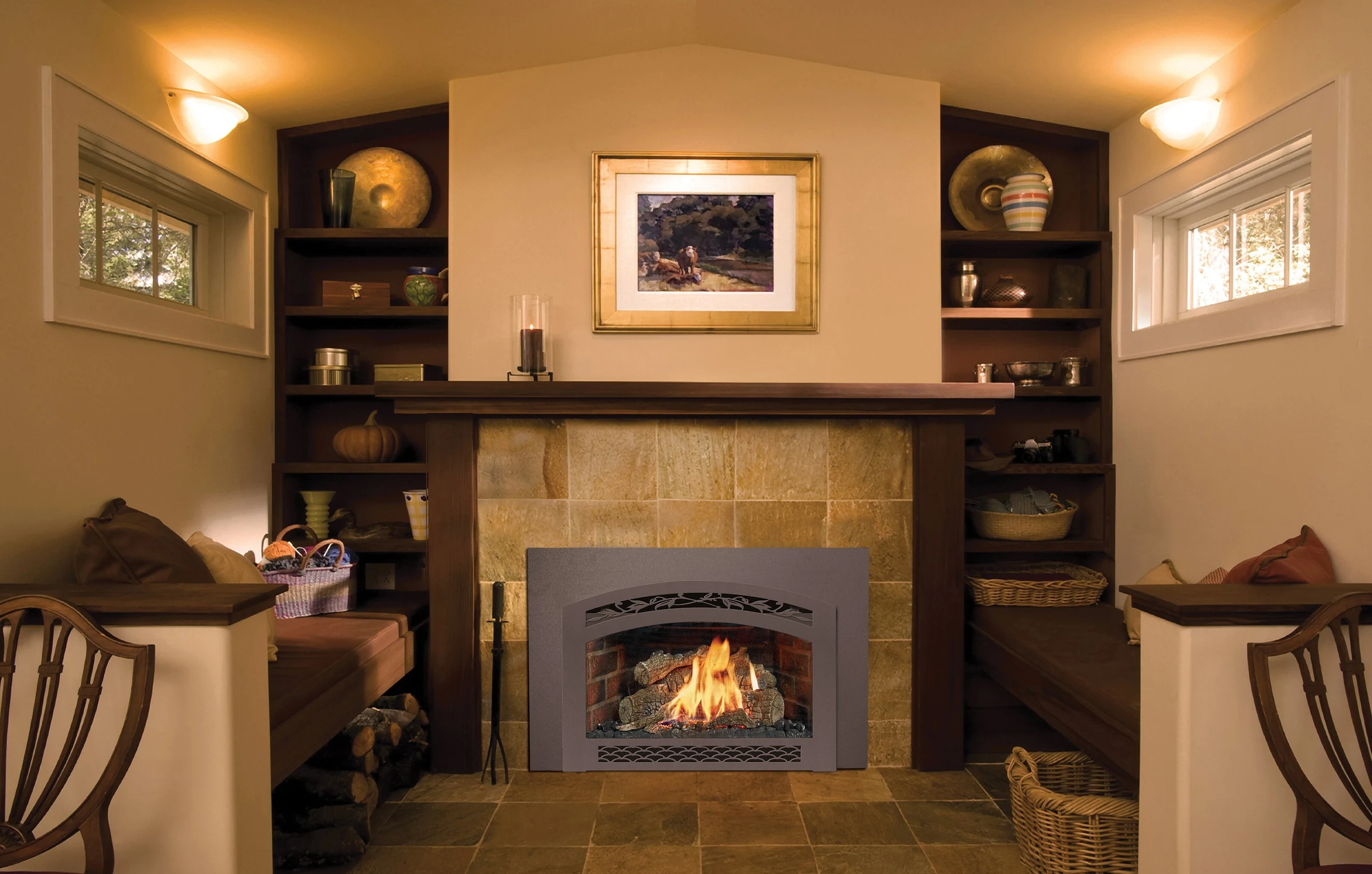 Fireplace Xtrordinair 32 DVS gas insert in a stone surround with built-in shelving.