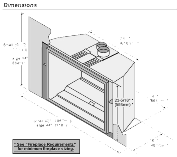 Dimensional diagram for the Fireplace Xtrordinair 616 Deluxe Ember-Glo gas fireplace insert, showing small and large sizing options.