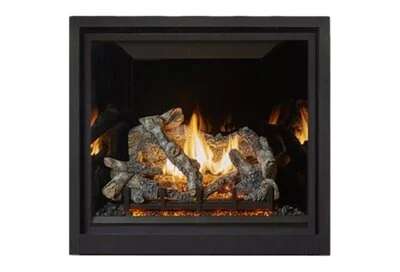 Close view of the ProBuilder 36 Clean Face Deluxe gas fireplace with tall flames over a detailed log set.
