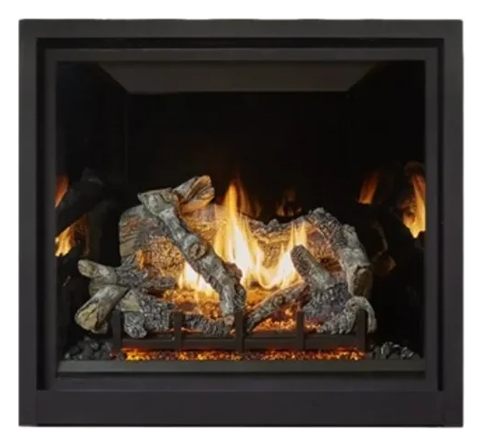 Fireplace Xtrordinair ProBuilder 36 Clean Face Deluxe gas fireplace with a burning birch log set and glowing ember bed.