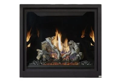 Close view of the ProBuilder 42 Clean Face Deluxe gas fireplace with tall flames over a detailed log set.