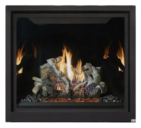 Fireplace Xtrordinair ProBuilder 42 Clean Face Deluxe gas fireplace with a large burning log set and black trim.