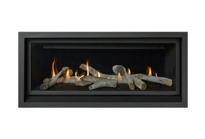 Fireplace Xtrordinair ProBuilder 42 Linear Deluxe linear gas fireplace with driftwood logs and flames.