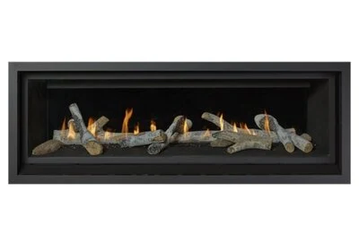 Fireplace Xtrordinair ProBuilder 54 Linear Deluxe linear gas fireplace with driftwood logs and flames.