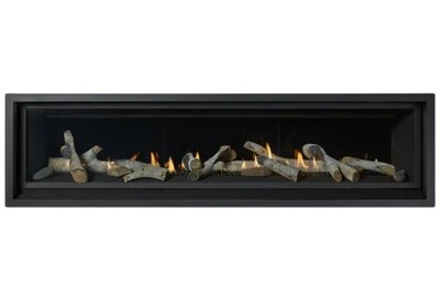 Fireplace Xtrordinair ProBuilder 72 Linear Deluxe linear gas fireplace with driftwood logs and flames.