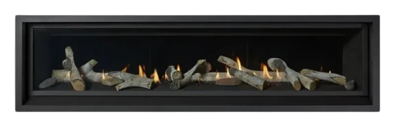 Fireplace Xtrordinair ProBuilder 72 Linear Deluxe gas fireplace burning with a driftwood log set.