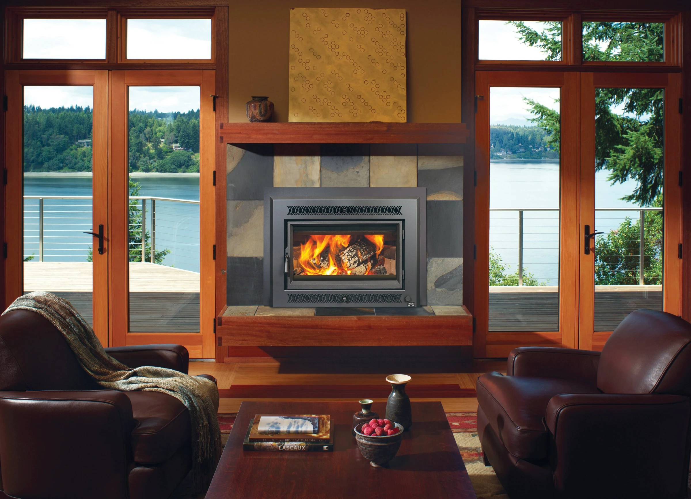 Fireplace Xtrordinair Large Flush NexGen-Hybrid wood insert installed in a wood fireplace surround.