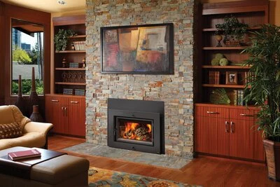 Fireplace Xtrordinair large flush wood insert in a Sandpoint home
