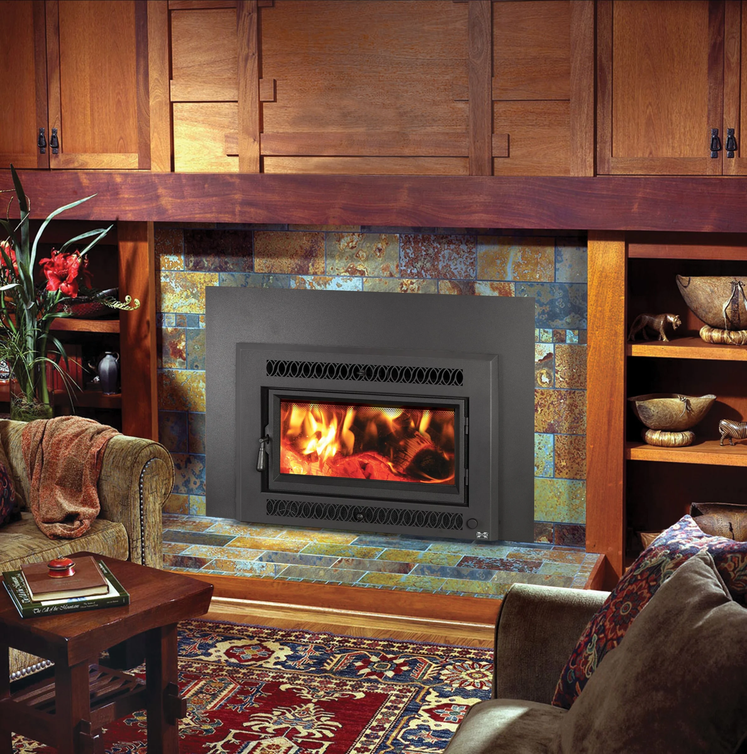 Fireplace Xtrordinair Medium Flush NexGen-Hybrid wood insert with arched face installed in a wood fireplace surround.