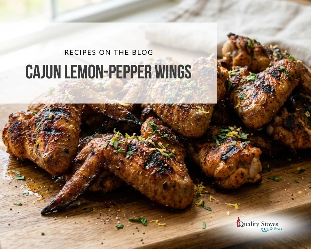 Grilled cajun wings with lemon zest and fresh parsley on a wooden cutting board.