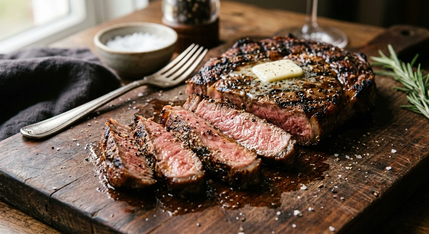 A grilled ribeye steak sliced and resting on a wooden cutting board with a pat of butter on top, surrounded by sea salt, cracked pepper, a fork, and a sprig of rosemary.