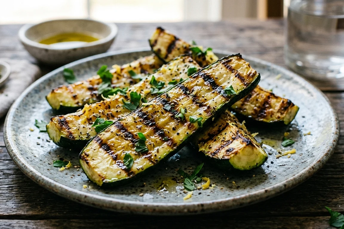 Grilled zucchini with lemon zest and fresh herbs served on a speckled ceramic plate on a rustic wooden table.