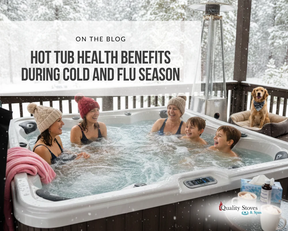 Family enjoying hot tub health benefits together in a snowy outdoor setting during cold and flu season.