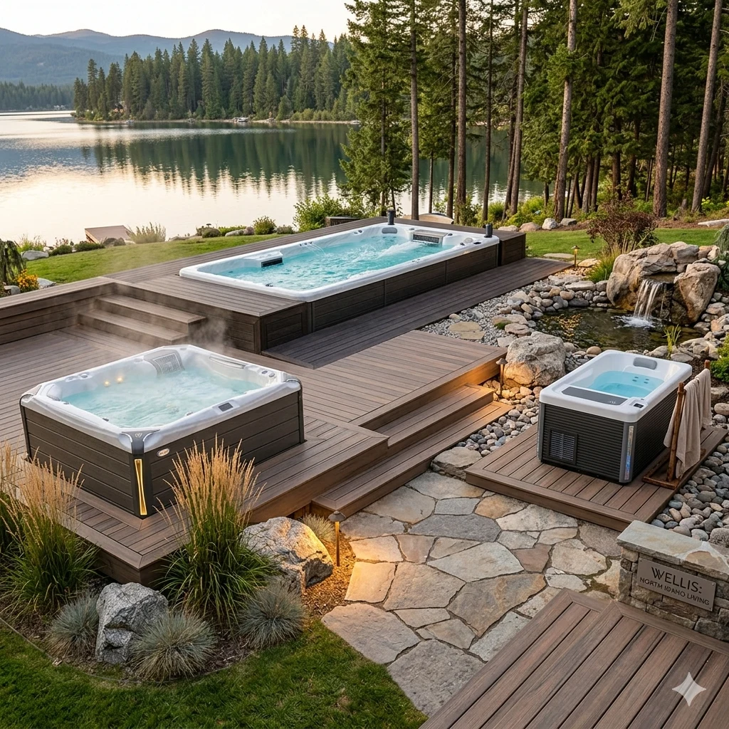 Wellis hot tub, swim spa, and cold plunge tub on a lakeside deck in North Idaho.