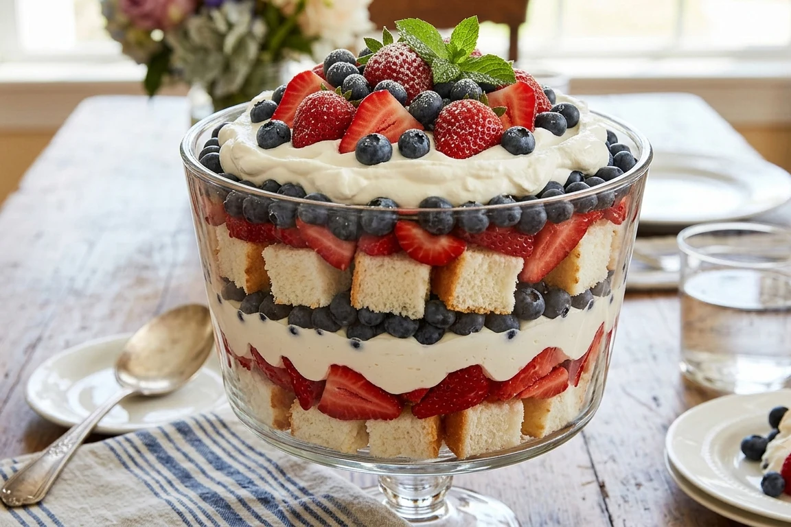 A large glass trifle dish layered with angel food cake cubes, cream cheese whipped cream, fresh strawberries, and blueberries, topped with mint and served on a rustic wooden table.