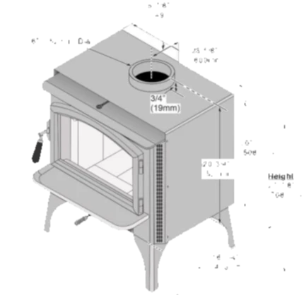 Dimensional diagram for the Lopi Answer NexGen Hybrid wood burning stove.