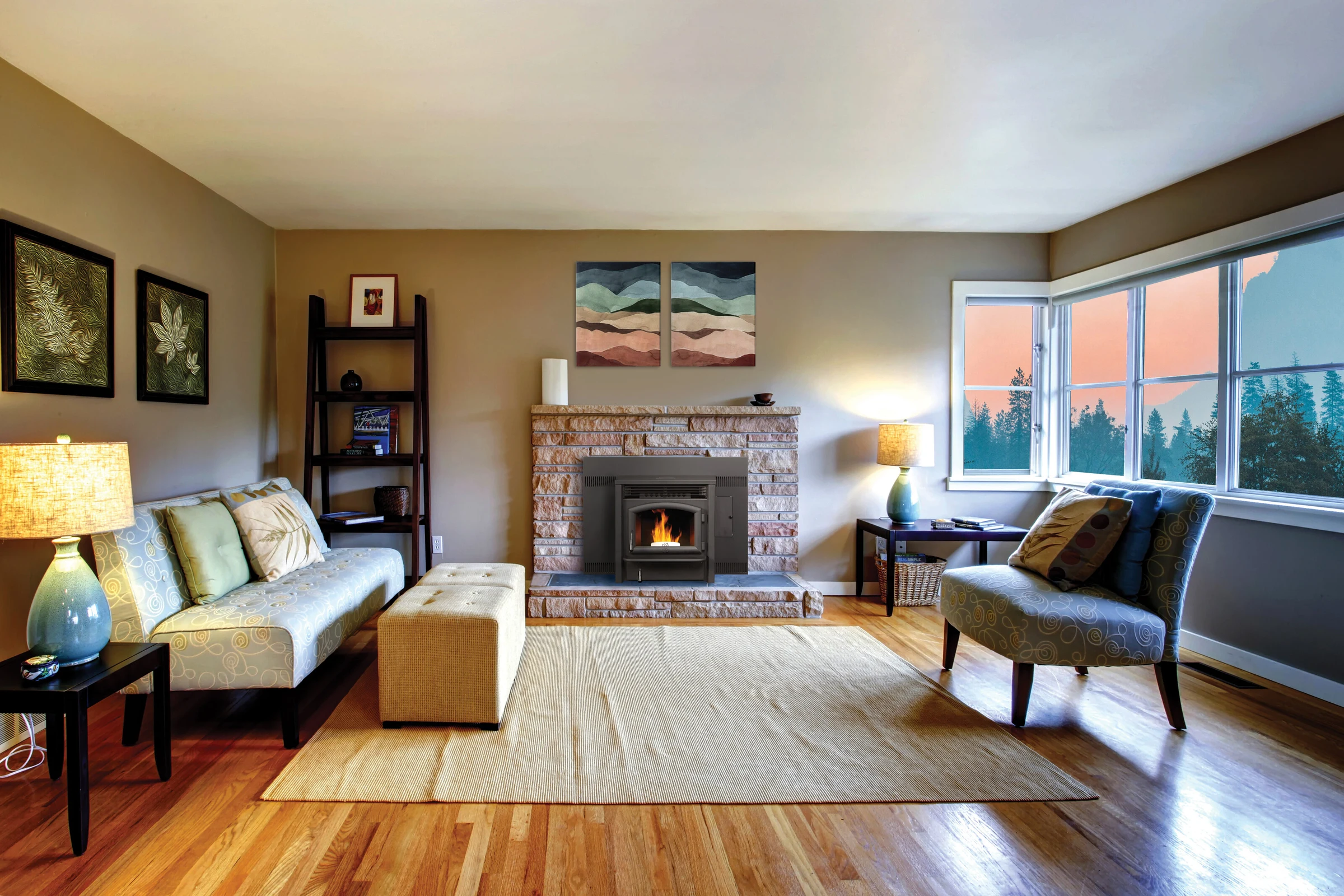 Lopi AGP pellet insert installed in a fireplace surround in a bright living room.
