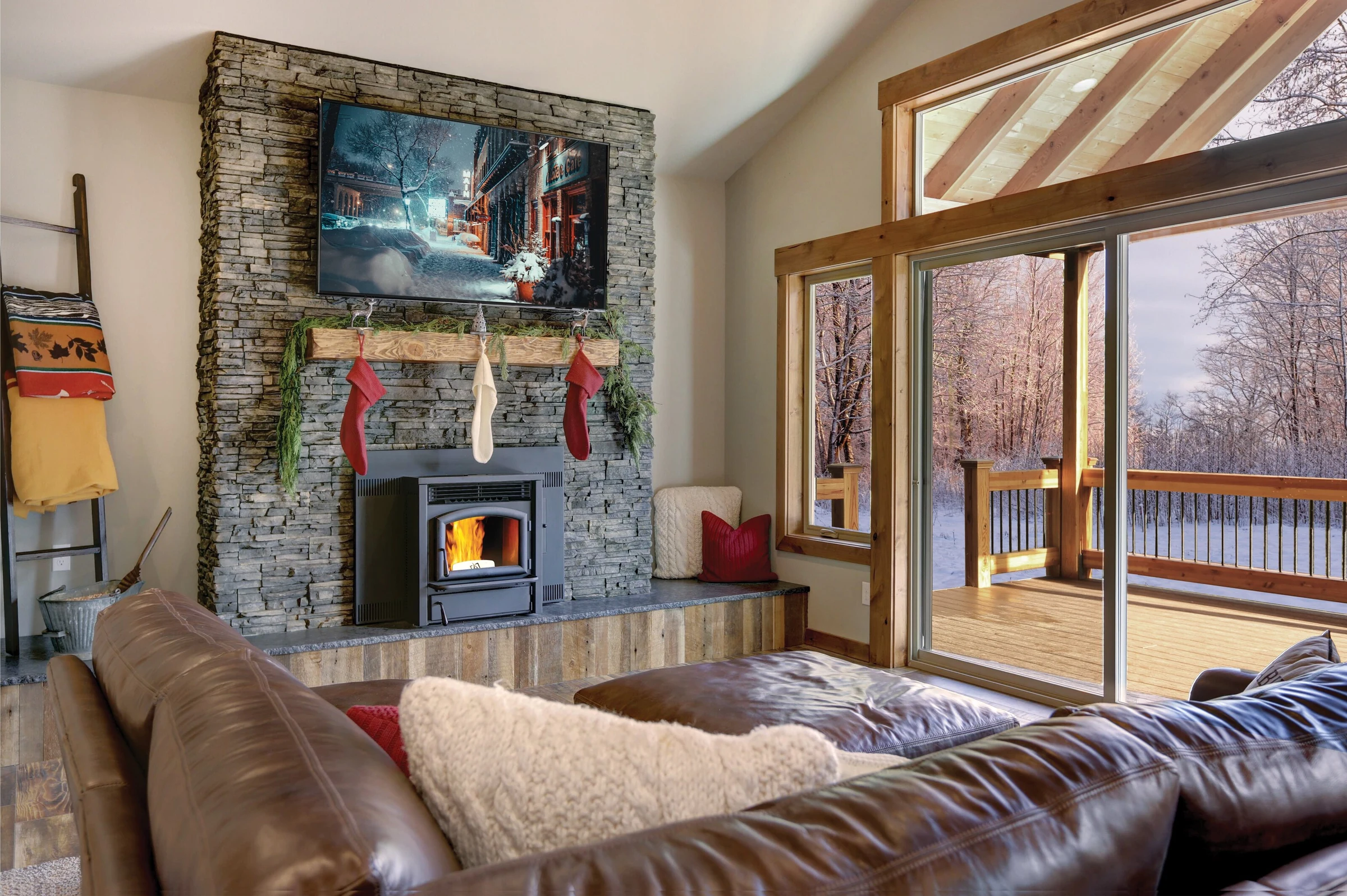 Lopi AGP pellet insert installed in a fireplace in a decorated living room.
