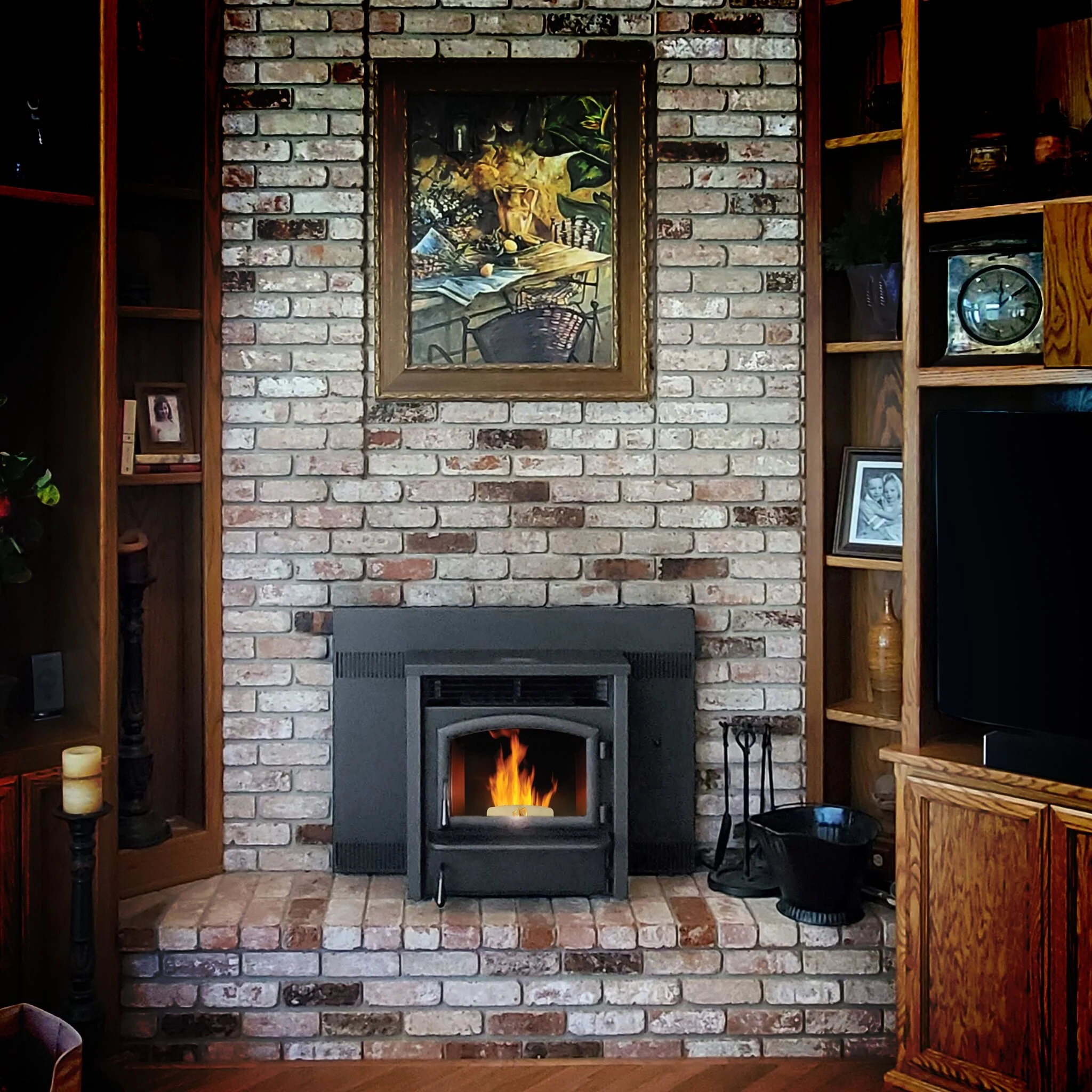 Lopi AGP pellet insert installed in a brick fireplace surround.