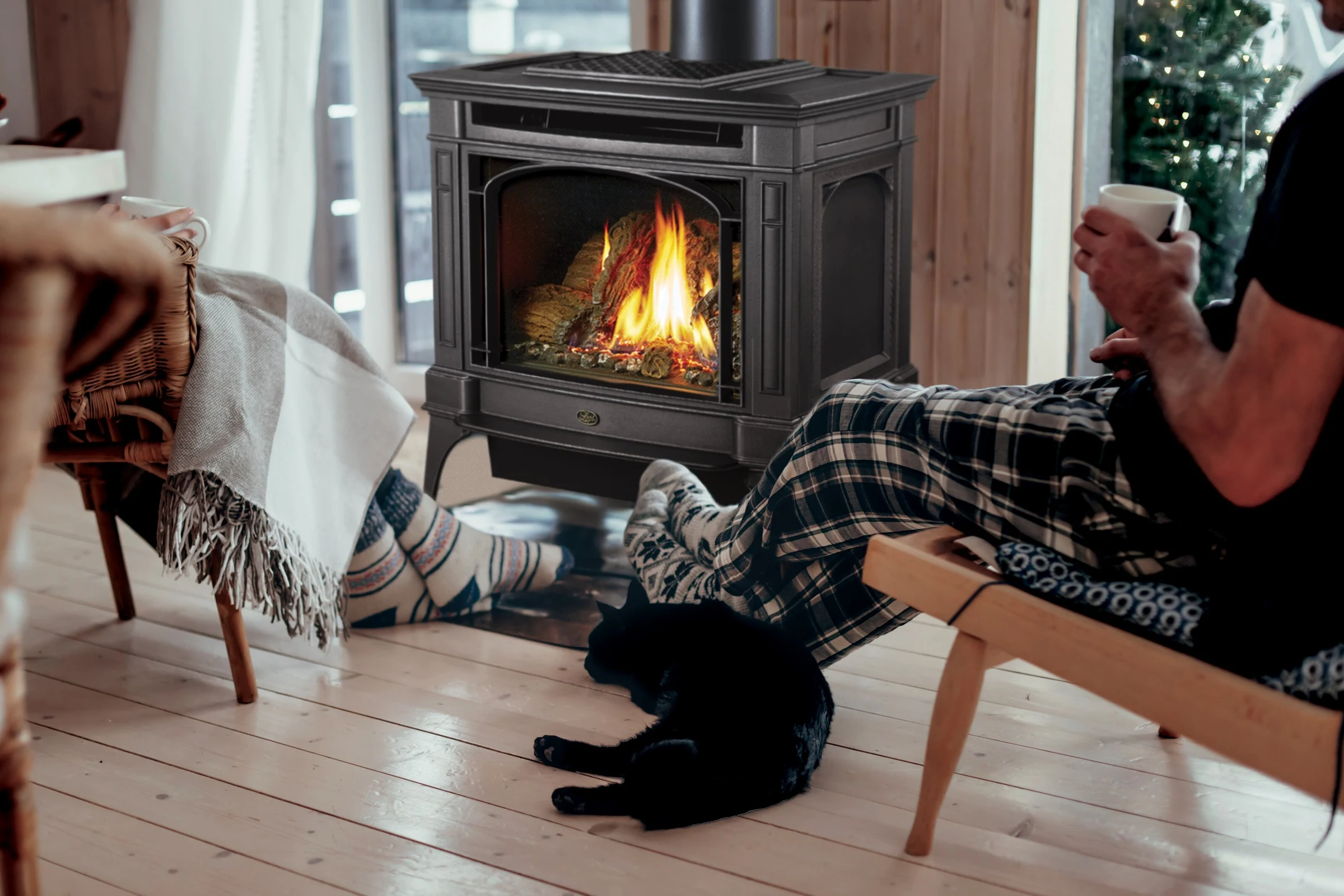 Lopi Berkshire Millivolt Gas Stove in a warm living space with hardwood floors and a cat resting on the floor in front of it.