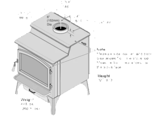Three-quarter view dimensional drawing of the Lopi Endeavor NexGen-Hybrid wood stove showing top, front, and side measurements, flue placement, height of 32 inches, and weight of 448 pounds.