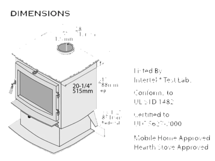 Dimensional diagram for the Lopi Evergreen NexGen Hybrid wood burning stove showing leg and pedestal height options.