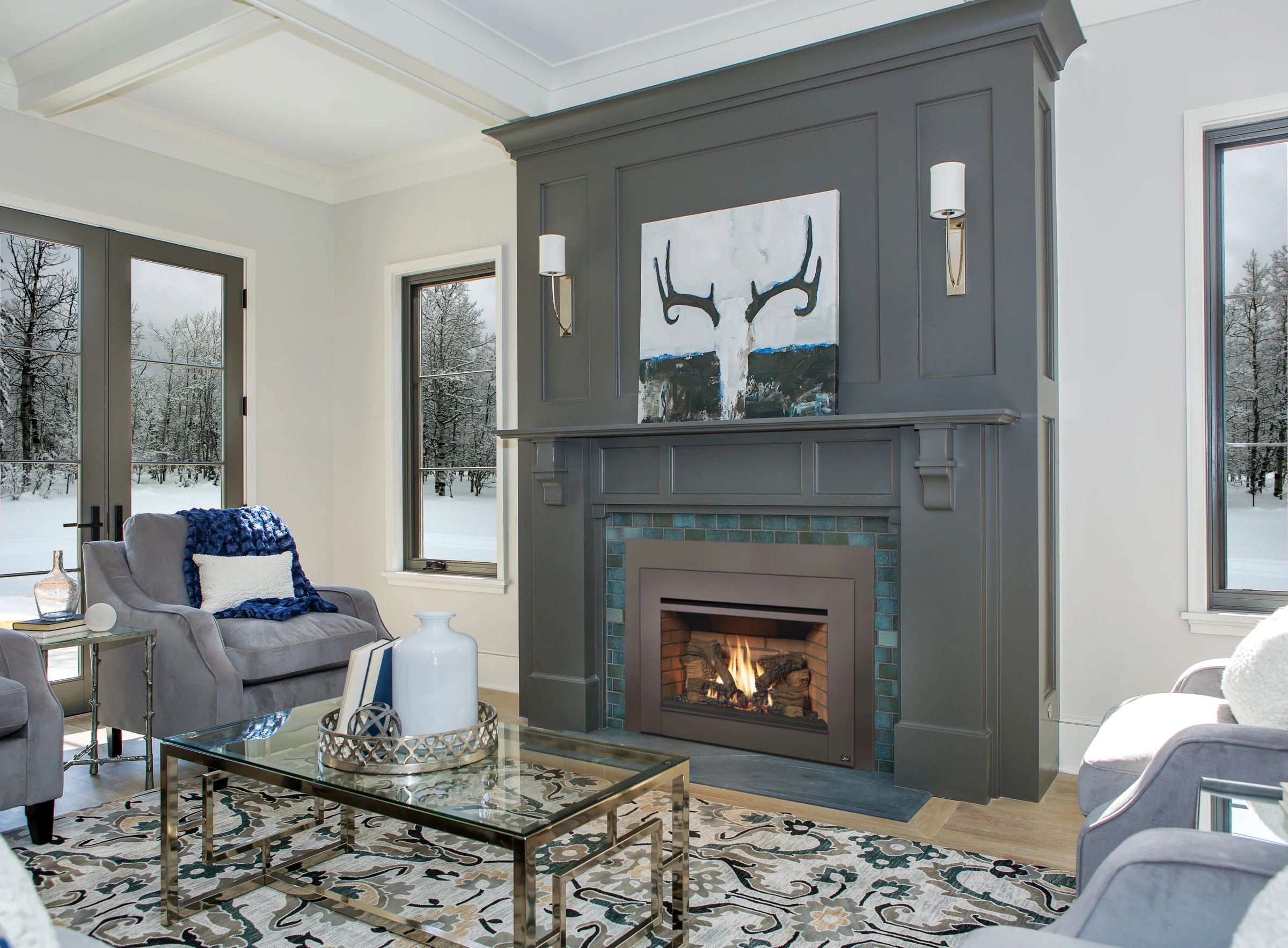 Lopi Radiant Plus large gas insert in a painted fireplace surround in a modern living room.
