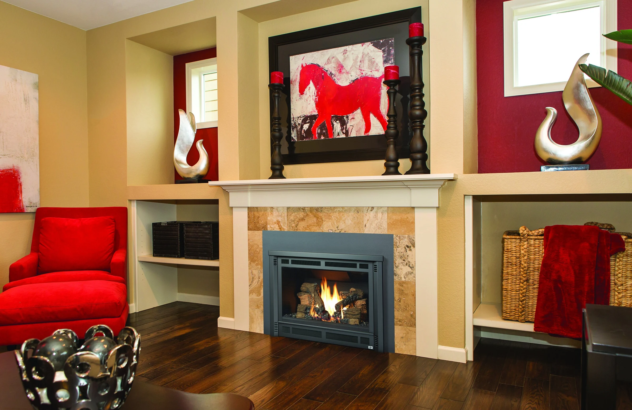 Lopi Radiant Plus large gas insert installed in a built-in fireplace surround with wood mantel.