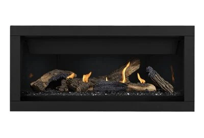 Napoleon Ascent Linear Premium 46 linear gas fireplace with hand-painted logs and a clean black surround.